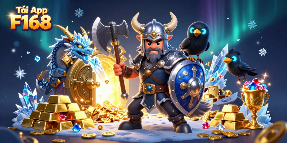 Tải App F168 for a thrilling gaming experience with cartoon wolf warrior and dragon illustration.