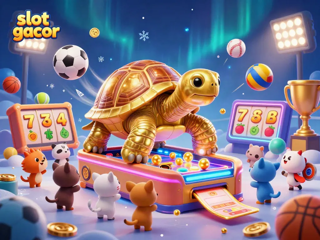 Spin the reels at slot gacor with vibrant slot themes and golden tortoise in a lively casino scene.