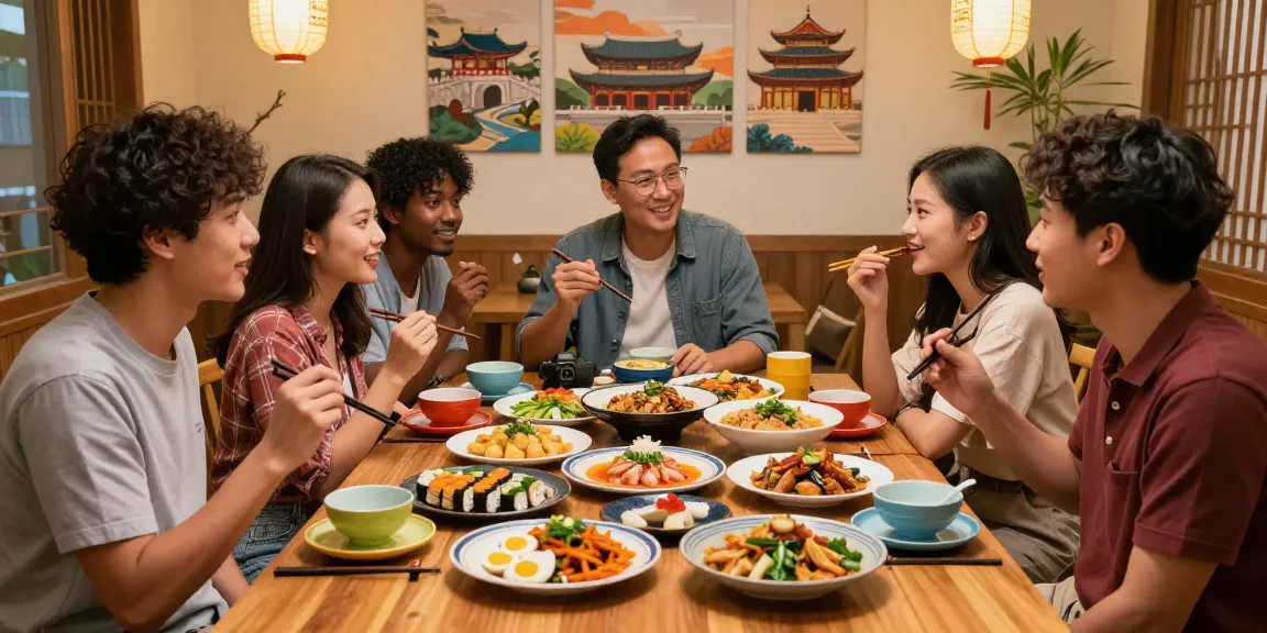 Friends enjoying Asian cuisine at https://hanadultalk.com, sharing vibrant dishes in a warm cultural setting.