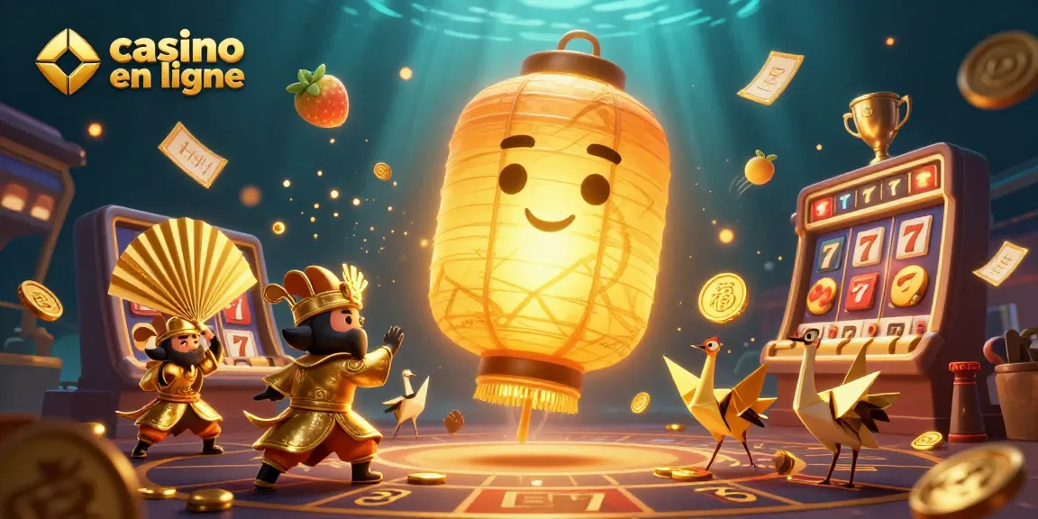 Une illustration de casino en ligne colorée avec un esprit lanternier doré et des éléments de machines à sous.