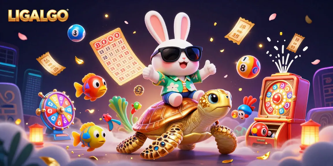 LIGALGO shows a lucky rabbit signaling a win while riding a golden turtle amidst dynamic lottery excitement.