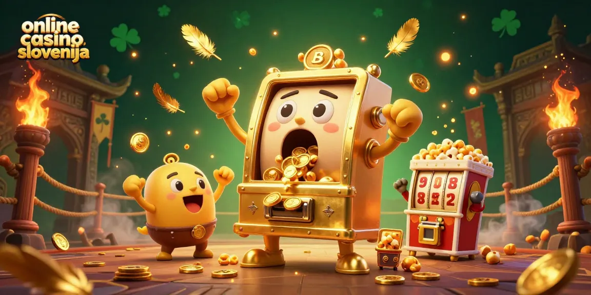 Čudovita ilustracija online casino Slovenija, kjer zlat igralni avtomat doseže jackpot in sprošča zlate kovance.