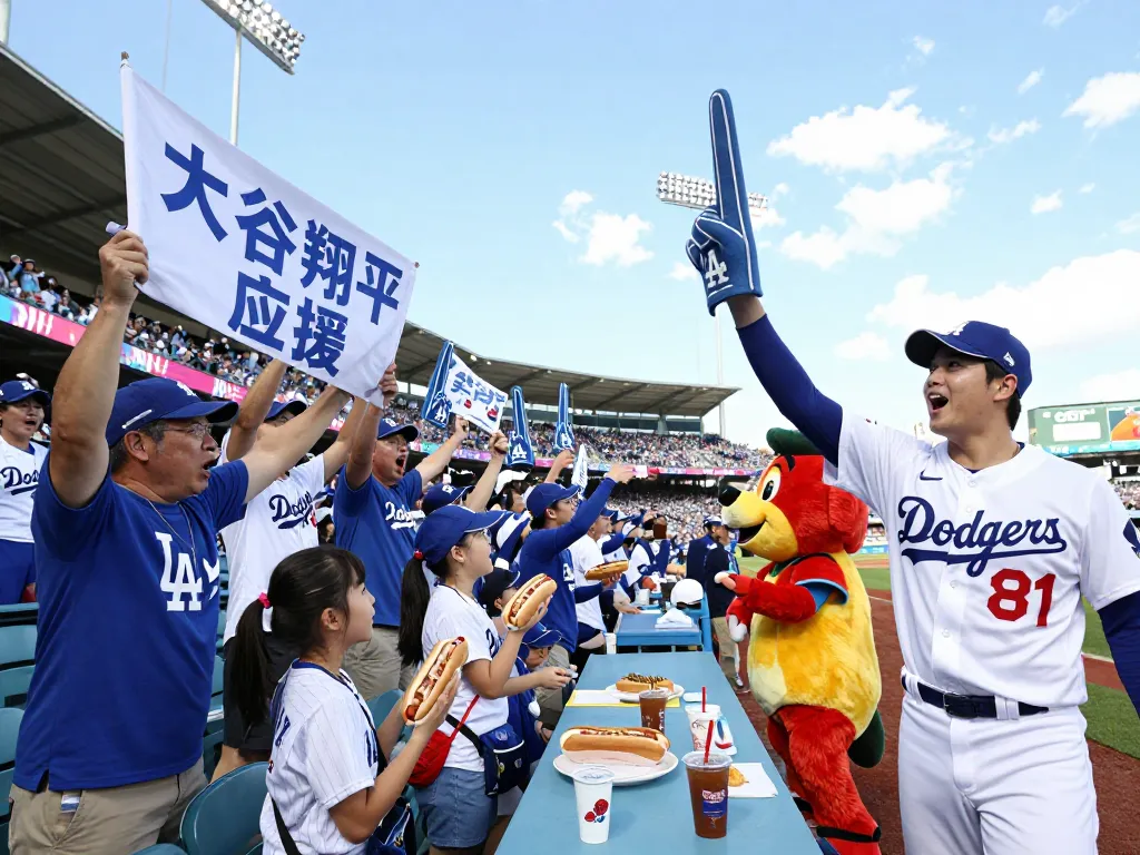 カラフルなバナーとチームギアで大谷翔平 応援を祝う興奮したファンたち。