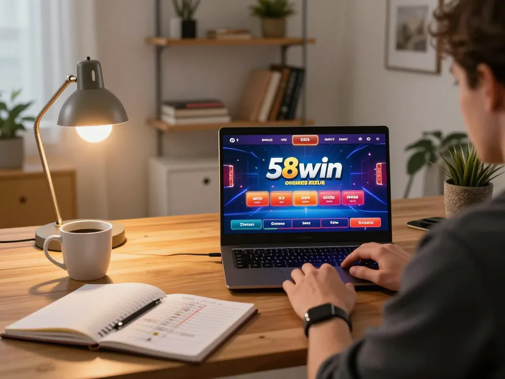 A person engaging in online gaming with 58win on a laptop, showcasing a vibrant interface in a cozy home office.