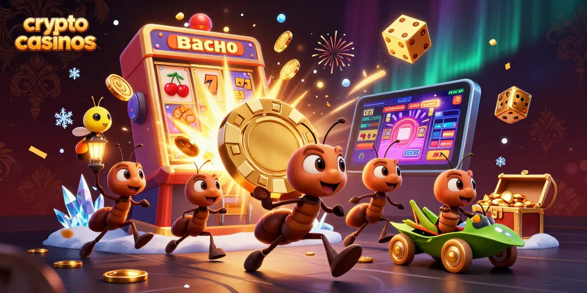 Jouez aux crypto casinos avec cette illustration dynamique montrant des fourmis et une luciole sur un vol audacieux.