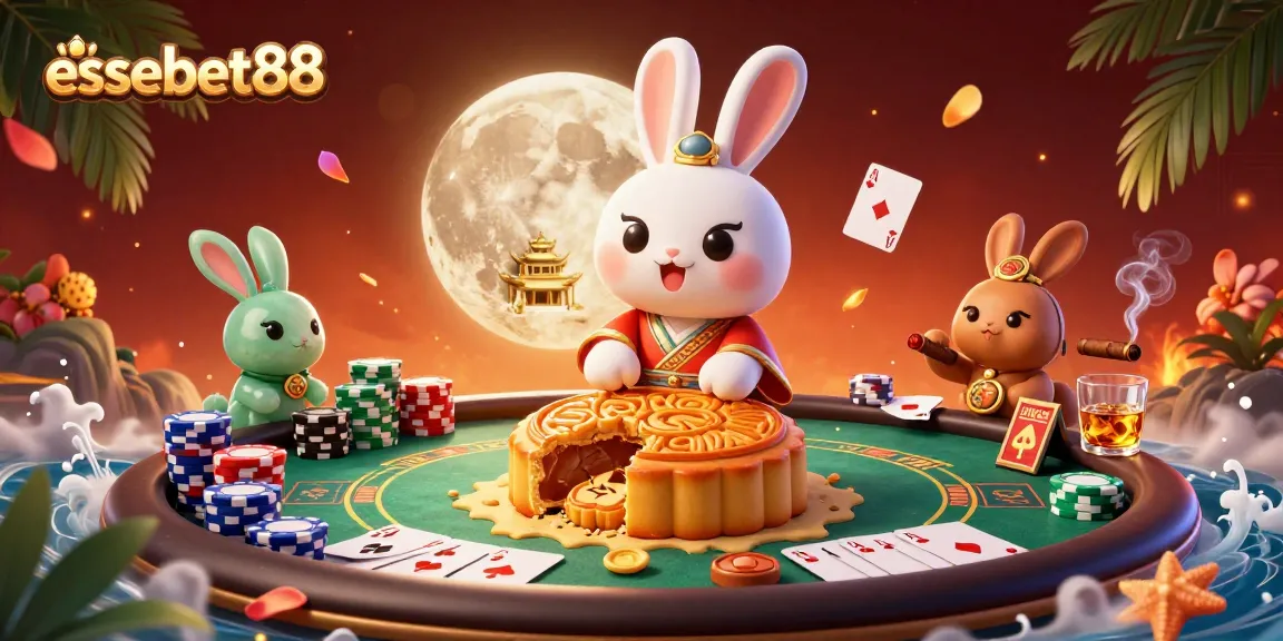 Engage with essebet88 by exploring a vivid 3D scene of a lunar rabbit revealing poker chips.