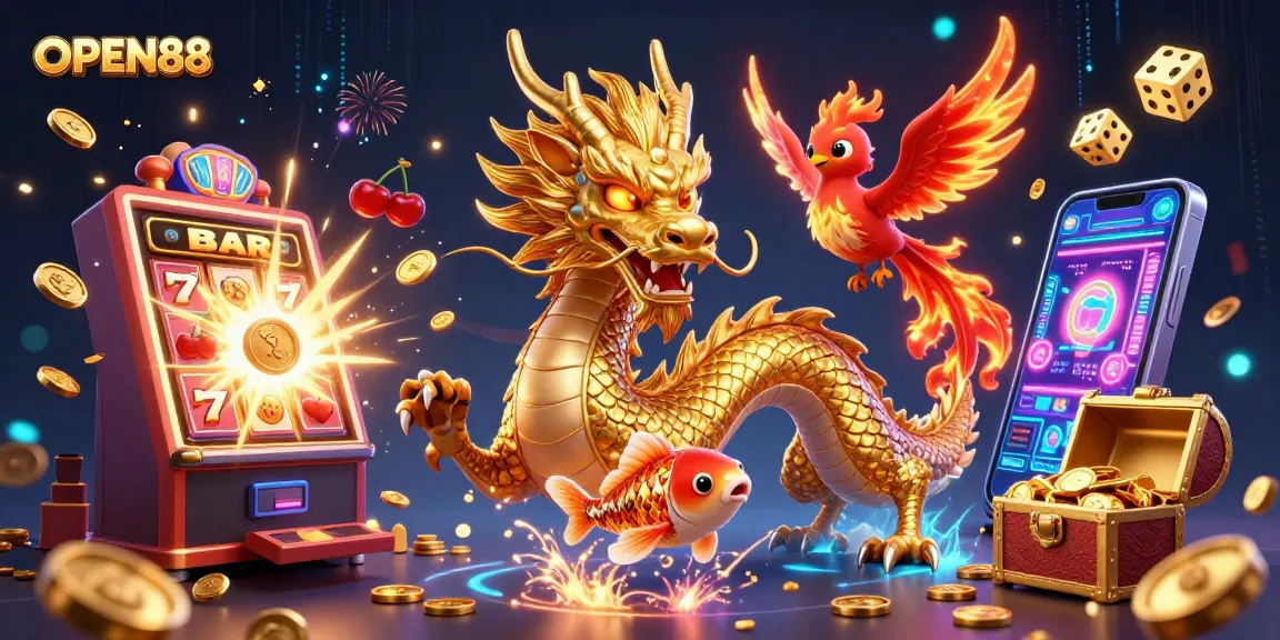 Experience thrilling gaming at OPEN88 with a vibrant scene featuring a dragon, phoenix, and lucky koi fish.