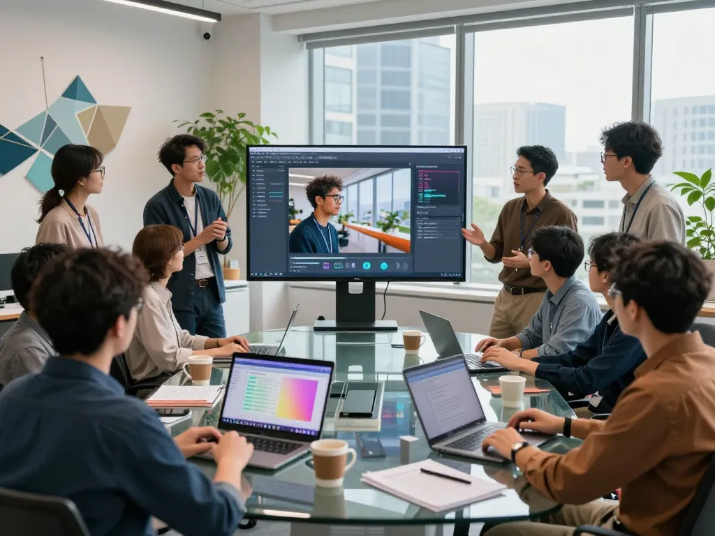 AI developers demonstrating image to prompt ai tool in vibrant workspace.