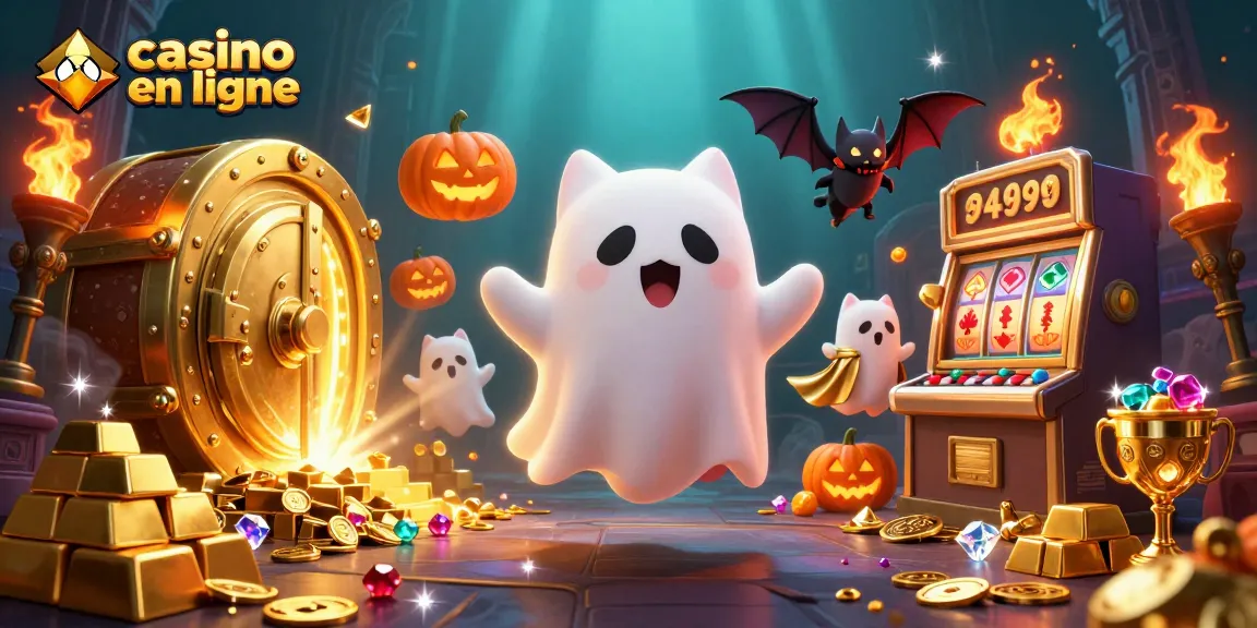 Découvrez l'ambiance d'un casino en ligne avec un chat fantôme et des éléments de jeu lumineux.