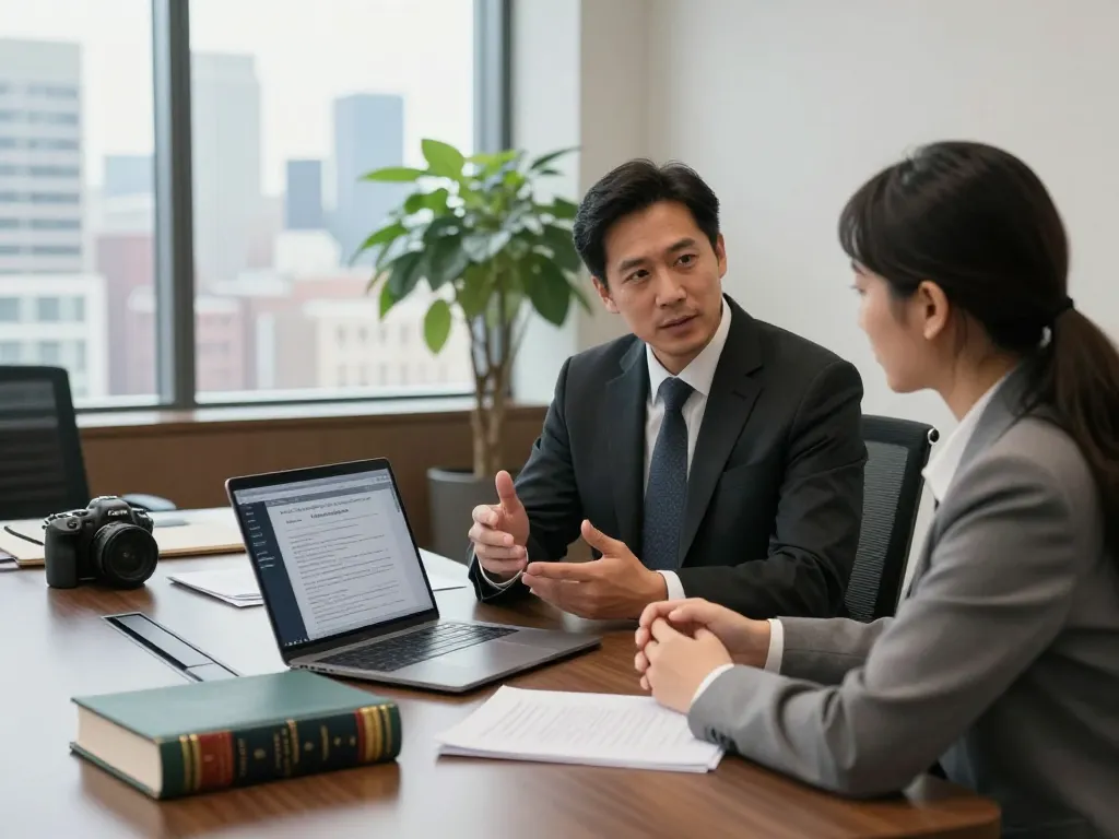 New York City Personal Injury Lawyer consulting with a client in a bright modern office, emphasizing accessibility and trust.