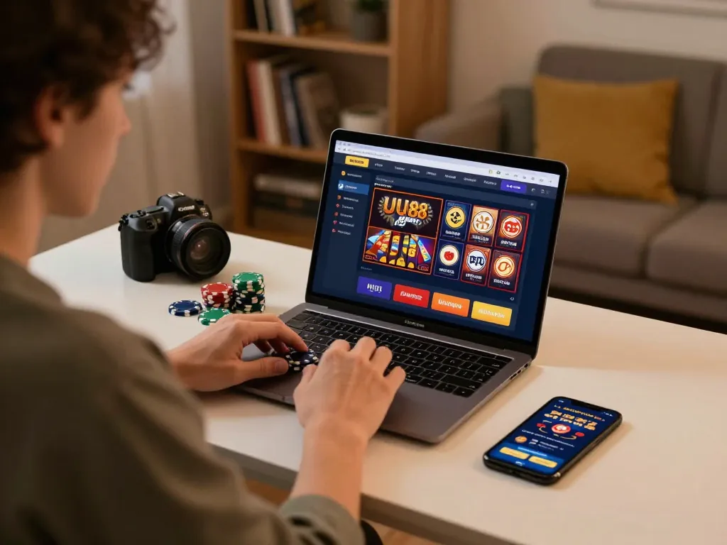 Engaging in strategic online gambling at UU88 with a laptop and game options visible.