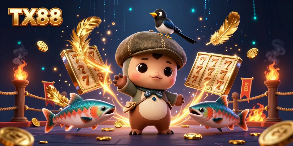 Experience the thrill of betting at TX88 with a playful scene featuring Nessie and friends in a vibrant casino atmosphere.