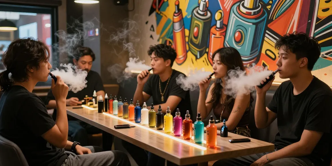 Social gathering at 蒸氣天堂 showcasing stylish vape devices and colorful e-liquids in an urban lounge atmosphere.