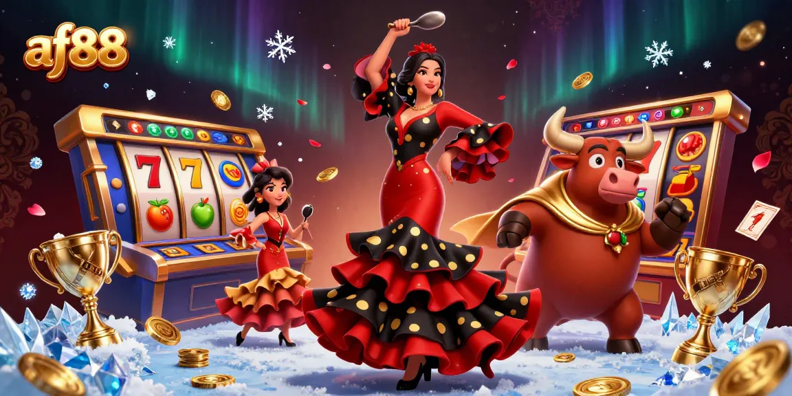 Experience the thrill at af88 with an energetic scene featuring a flamenco dancer and a bull amidst spinning slots and vibrant gold coins.