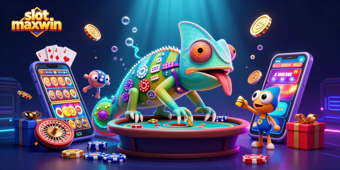 Experience the thrill of slot maxwin with a dynamic 3D casino scene featuring a chameleon owner amidst coins and vibrant games.