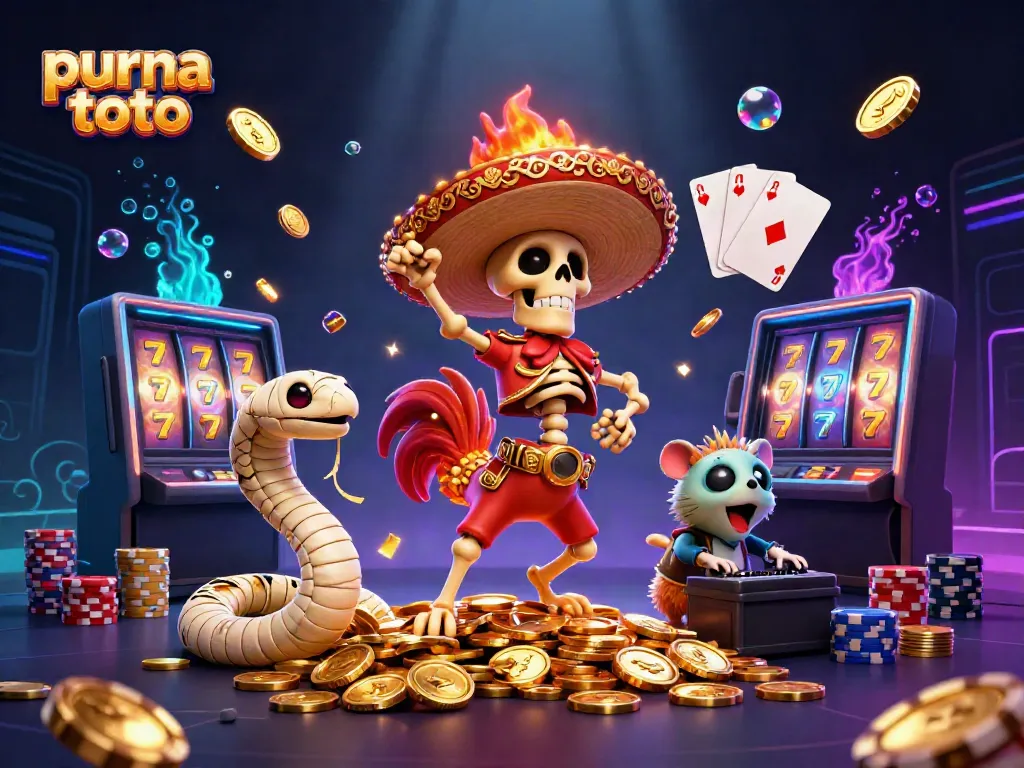 Raih kemenangan dengan purna toto saat bermain slot gacor, dikelilingi koin emas dan karakter menarik.