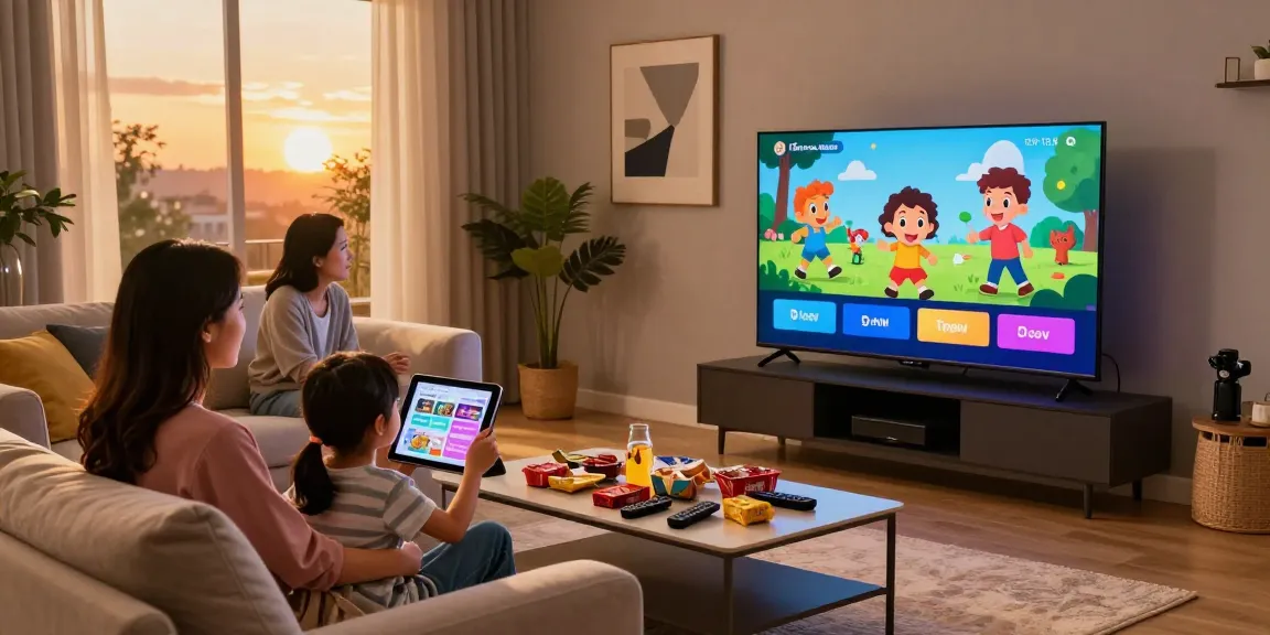 Family enjoying Iron TV streaming service on Smart TV in a cozy living room.