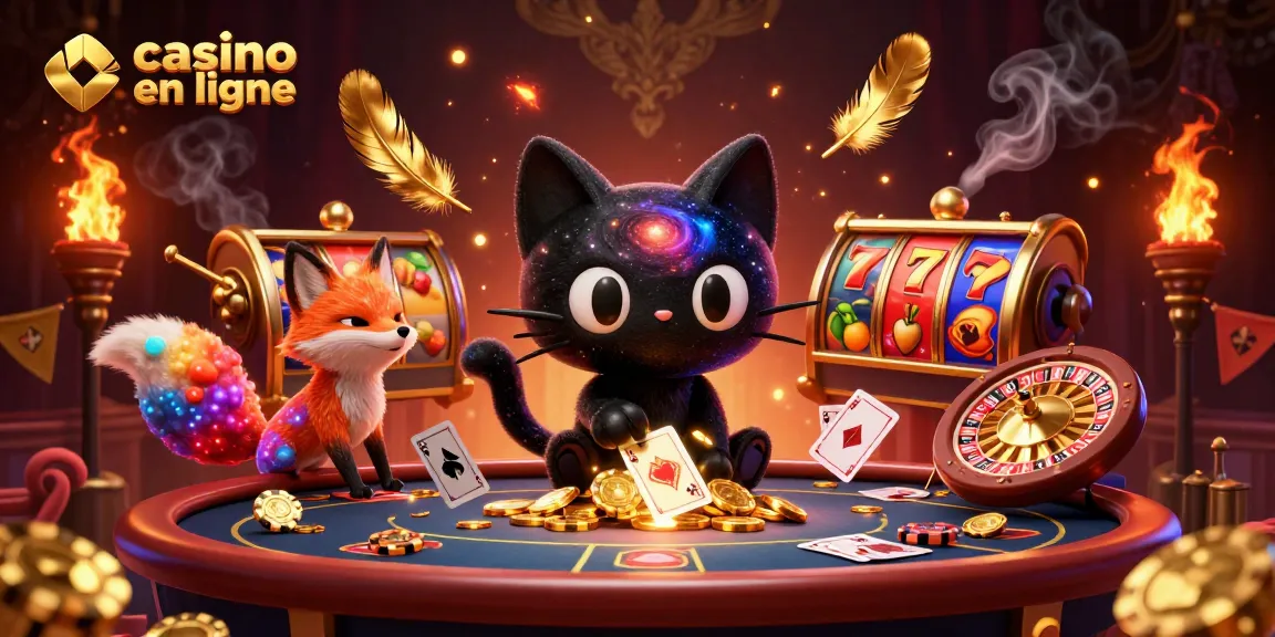 Immersion dans le casino en ligne avec un chat noir gravitationnel et un renard nébuleux entourés de jetons d'or et de roulettes.