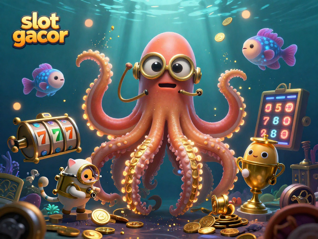 Slot gacor action scene with kraken and diving cat amidst vibrant casino elements.