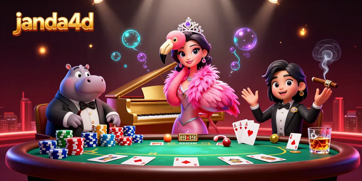 janda4d menyajikan penyanyi kasino 3D flamingo dengan suasana glamor sambil bermain poker di meja kasino.
