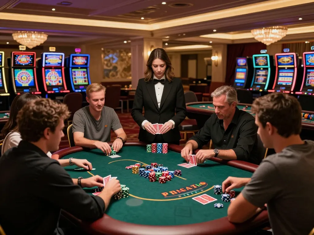 Players enjoying poker at RR88 casino, with chips and cards visible, capturing a thrilling gaming moment.