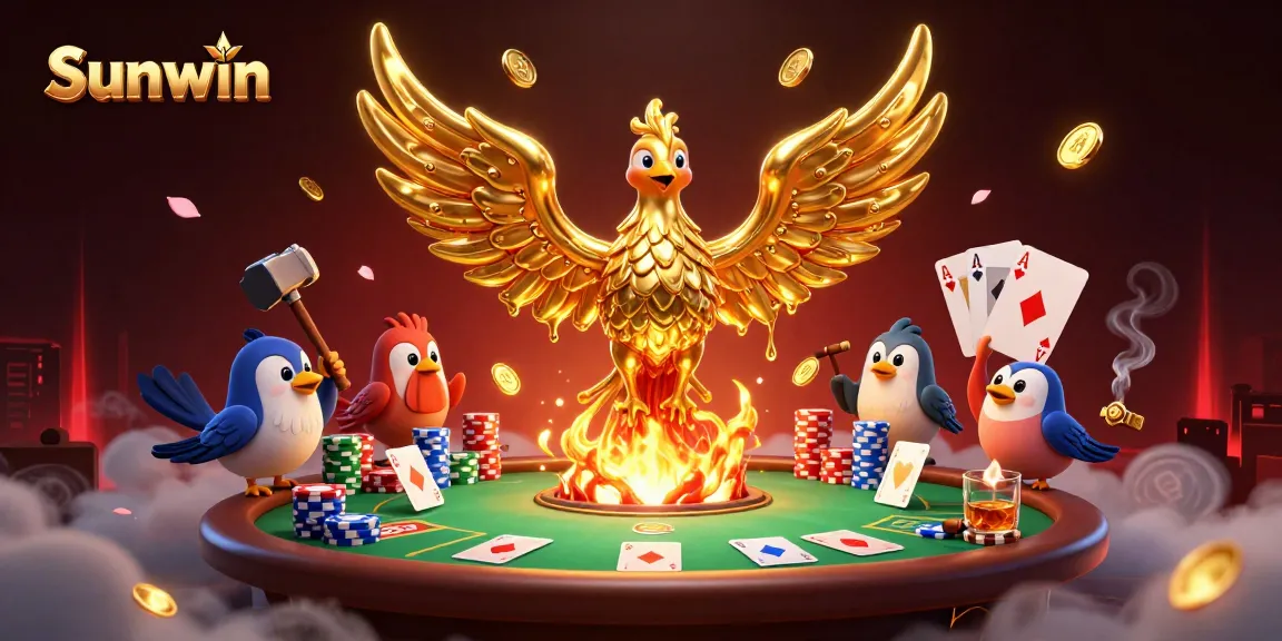 Experience Sunwin's vibrant casino adventure with a molten phoenix and poker elements.