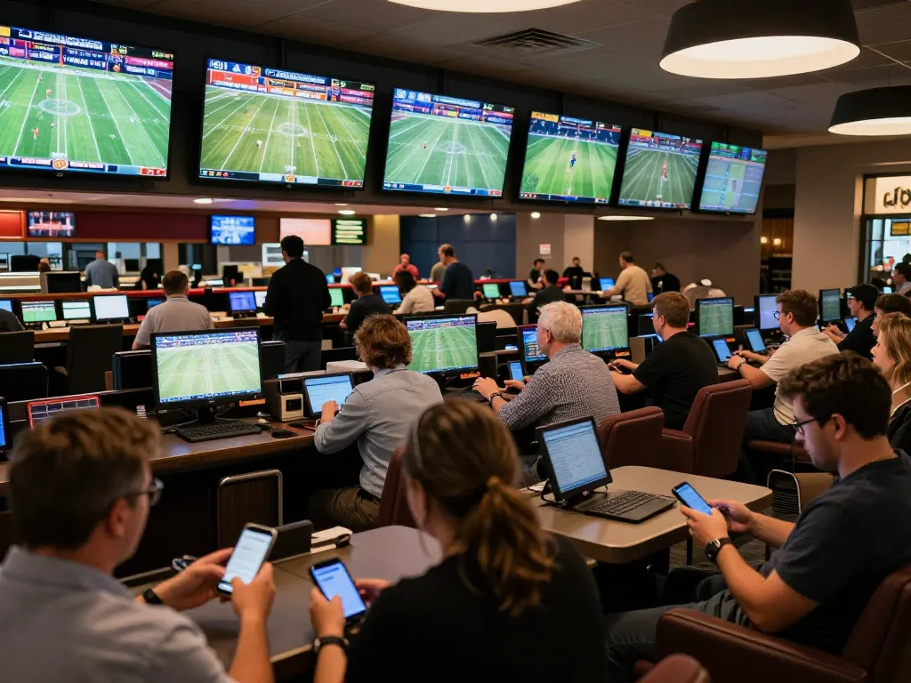 Sin88 sports betting area with guests using smartphones to place bets on live games.