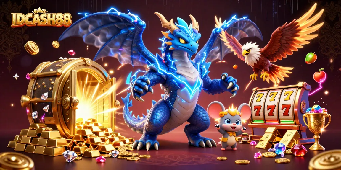 Experience the thrill of IDCASH88 with electrifying casino excitement, featuring vibrant characters and dynamic game elements.