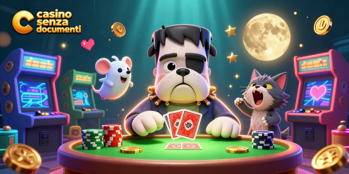 Vivi l'azione nei casinò senza documenti mentre il bulldog di Frankenstein distribuisce carte tra monete d'oro.