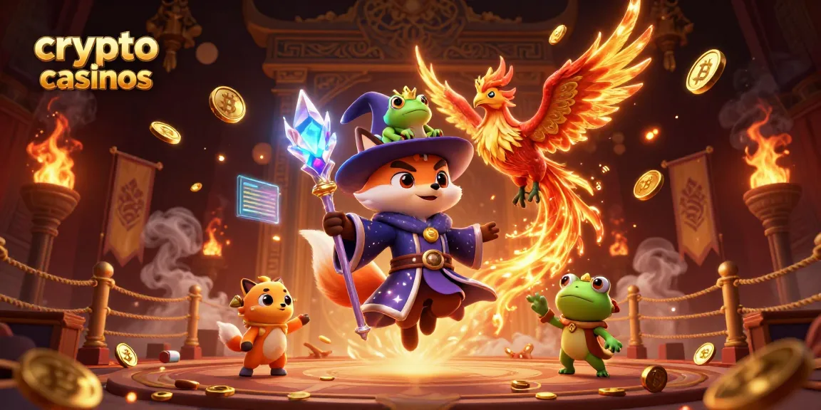 Illustration des crypto casinos avec un renard sorcier, un phénix en feu et des éléments de jeux d'argent.