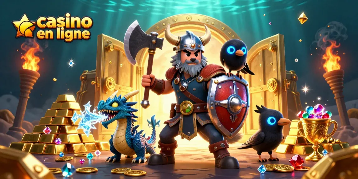 Vivez l'expérience excitante du casino en ligne avec un guerrier viking et un dragon dans un décor riche en trésors.