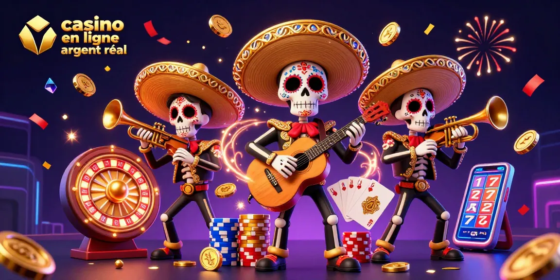 Célébrez la chance avec une illustration de mariachi en jouant dans un casino en ligne argent réel, entouré de pièces d'or et de feux d'artifice.