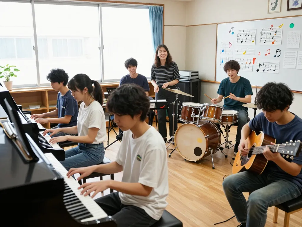 多様な学習者が音楽レッスンに参加しているダイナミックな音楽教室を紹介する音楽教室おすすめ