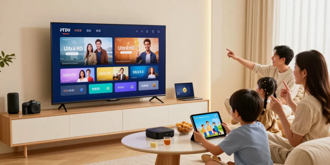 Test iptv 24h avec une famille regardant la télévision en ultra HD dans leur salon, ambiance chaleureuse.