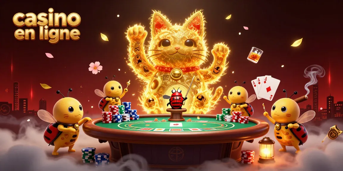 casino en ligne : Illustration 3D d'un chat porte-bonheur animé au milieu d'une ambiance de poker festive.