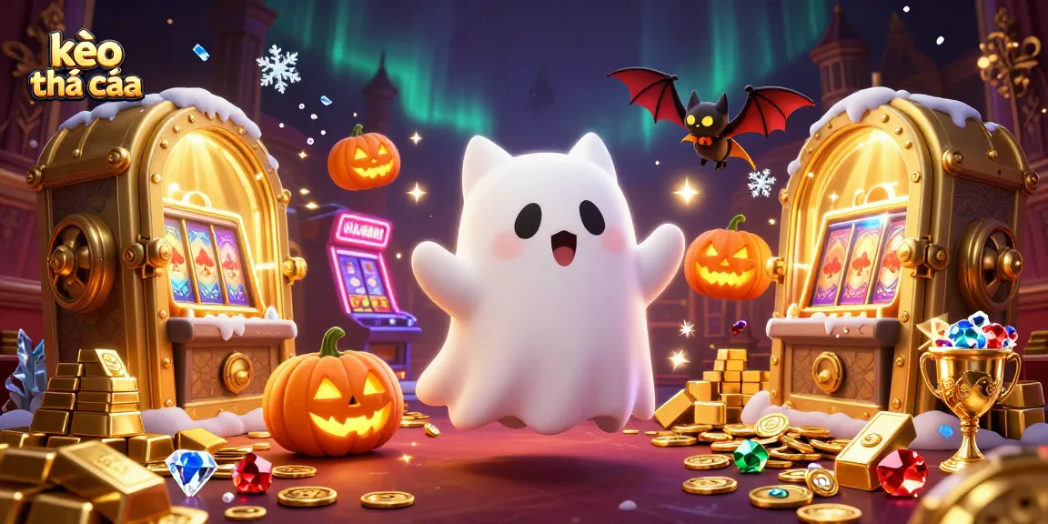 Experience thrilling kèo nhà cái with animated ghost cat and glowing casino elements in a rich scene.