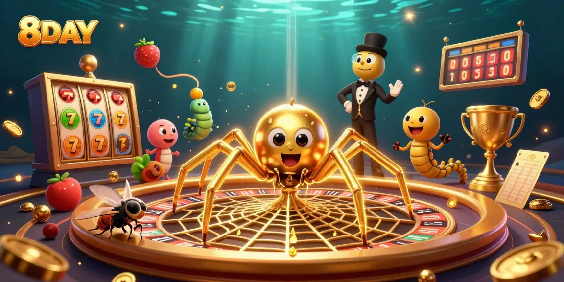 8DAY invites users to spin the jackpot wheel with a golden spider and lively casino elements.