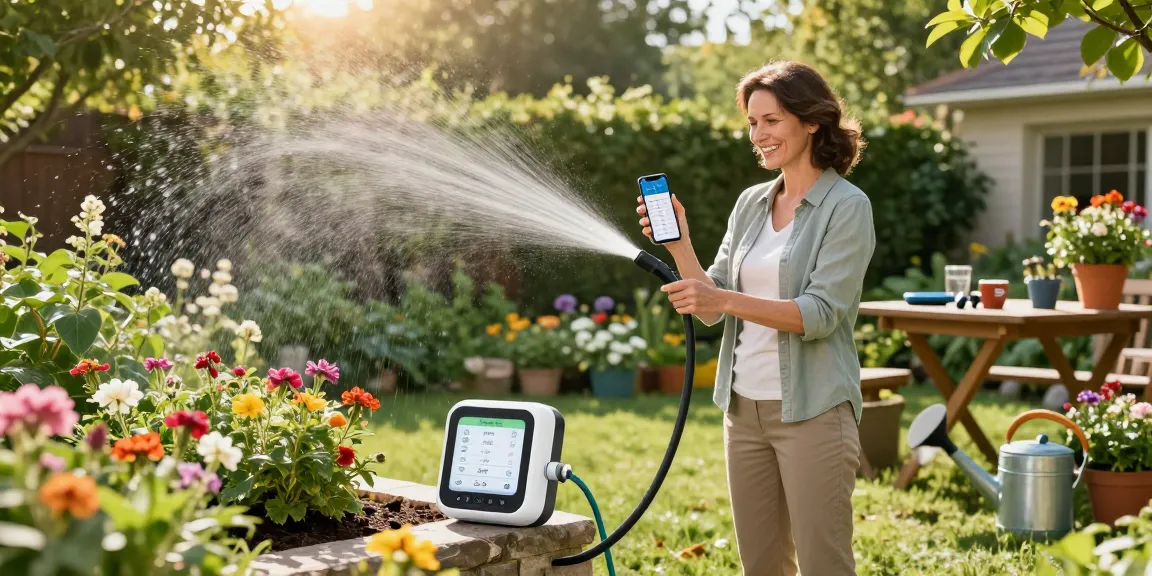 Homeowner effortlessly managing her garden with a RainPoint smart sprinkler controller and app.