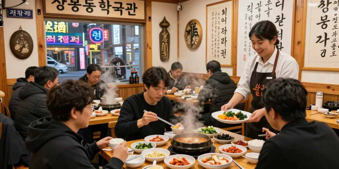 Dining scene at 상봉동 한국관 Korean restaurant with traditional dishes and cozy atmosphere.