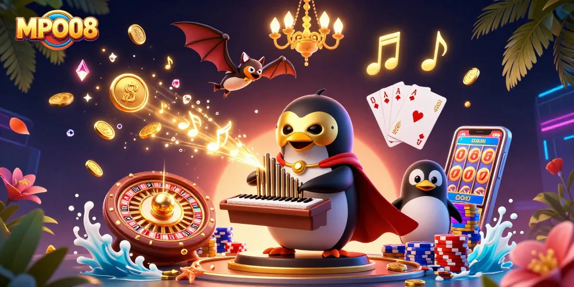 MPO08 offers an engaging casino experience with vibrant gaming elements like golden coins and a whimsical penguin.