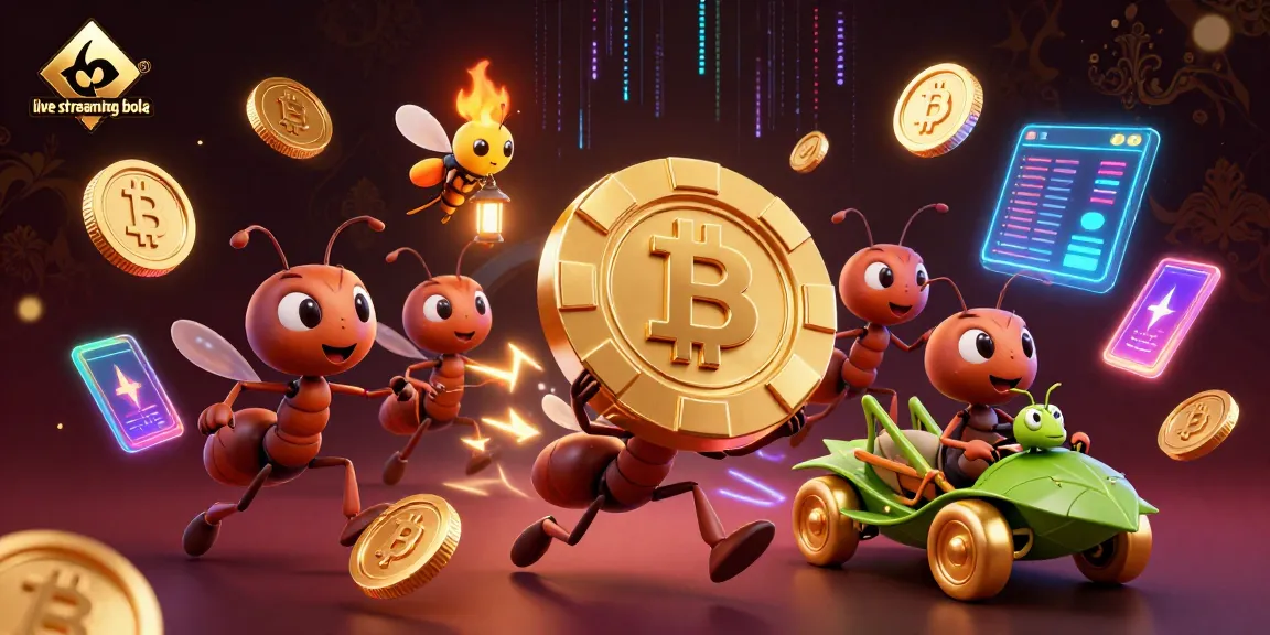 Experience live streaming bola with vibrant ants heist scene filled with crypto elements.