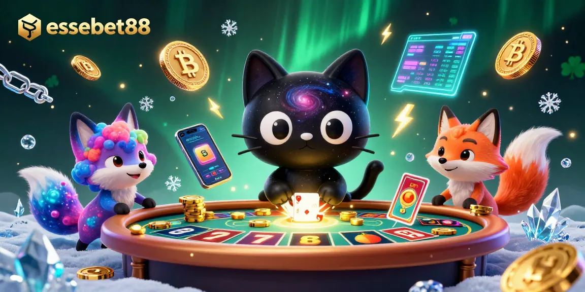 Engage with essebet88's cosmic casino scene, where the black hole cat attracts chips and cards.