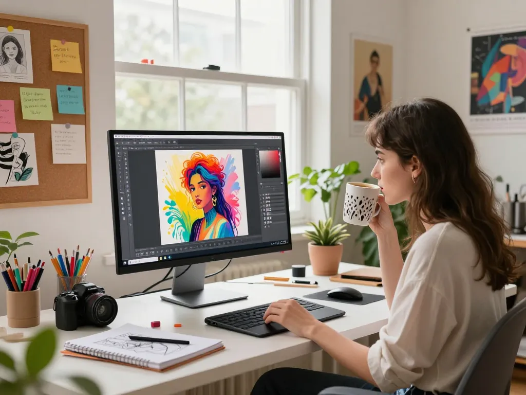 Artist generating AI images using an image to prompt tool in a creative workspace, showcasing vibrant digital art.