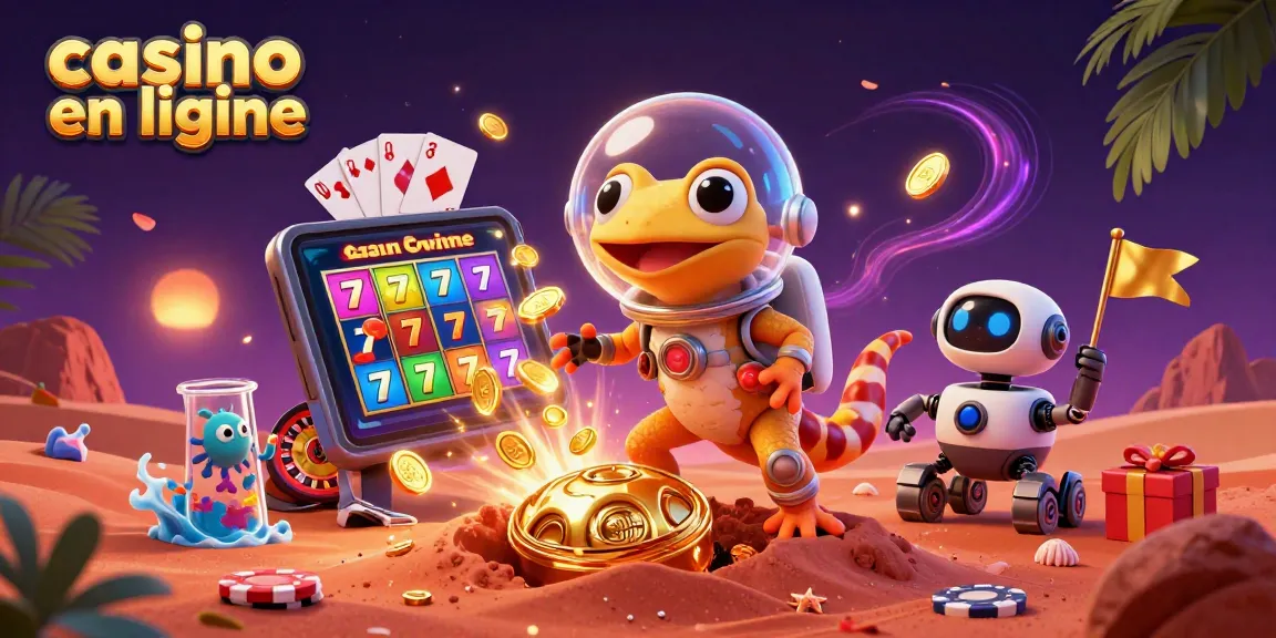 Jouez à casino en ligne avec un gecko martien découvrant un casino doré sur Mars dans cette illustration dynamique.
