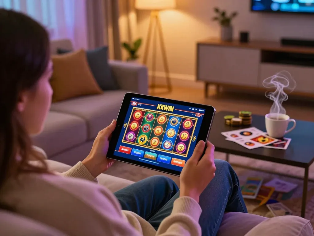Player engaging with the KKWIN app for intense online casino gameplay on a cozy sofa.