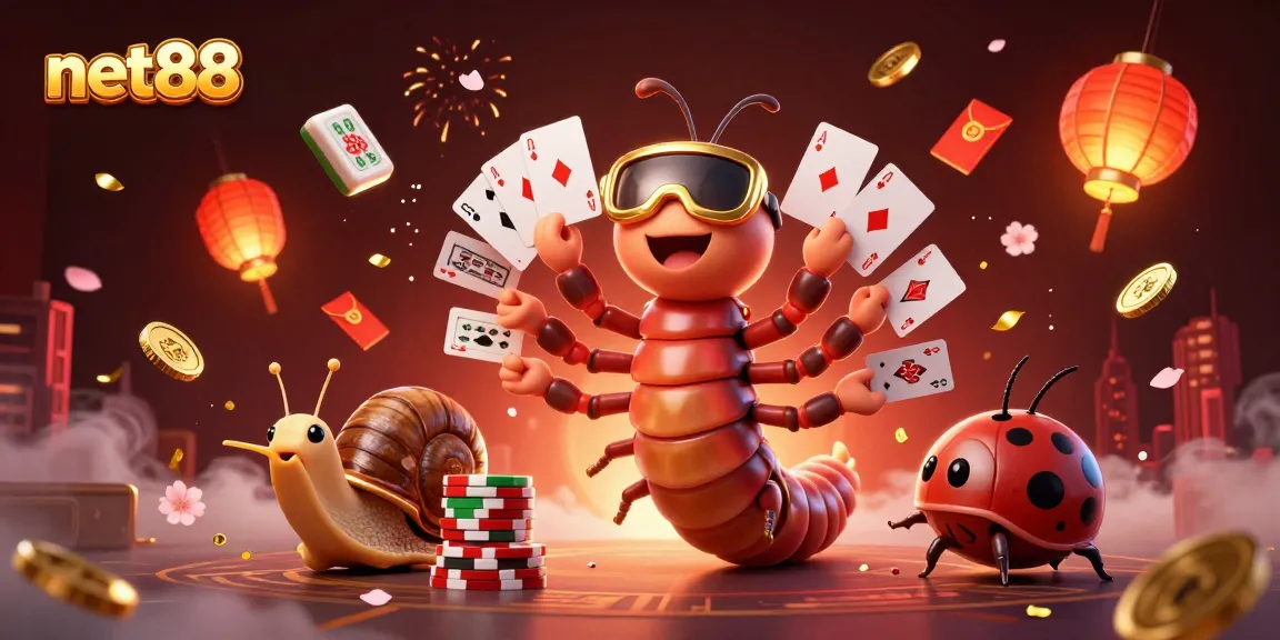 Engage with net88's vibrant casino scene as a millipede dealer showcases cards amidst festive elements.