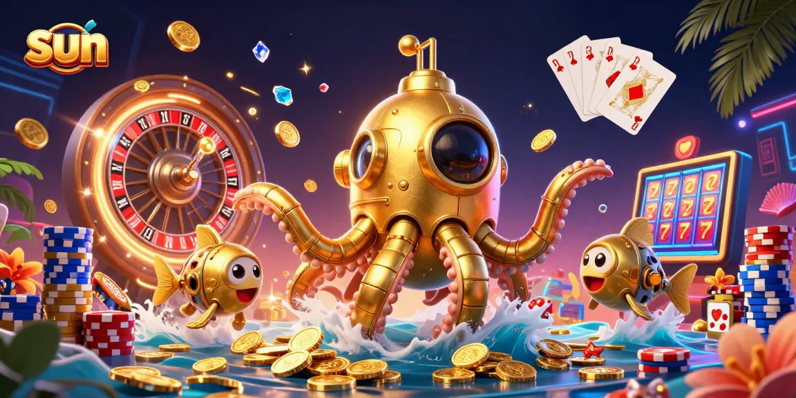 Win with the sun-themed golden kraken submarine and dynamic casino action in this vivid illustration.