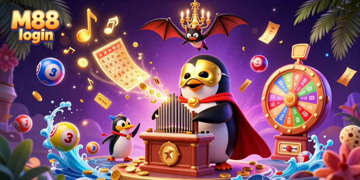 Experience the magic of gambling with M88 login, characterized by vibrant lottery balls and a whimsical penguin organ player.