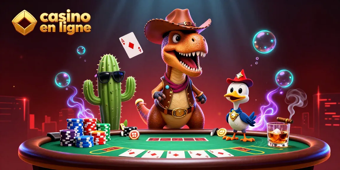 Découvrez l'univers du casino en ligne avec un T-Rex cowboy entouré de jeux de poker et de jetons colorés.
