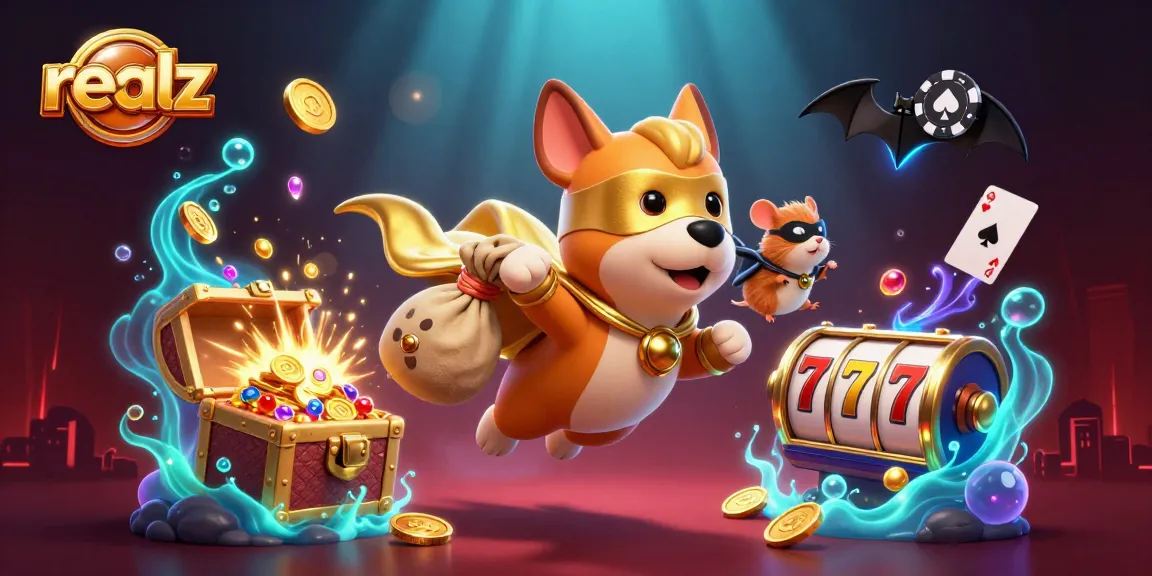 Engage with realz excitement in this dynamic illustration showcasing a superhero dog amidst flying slot elements.